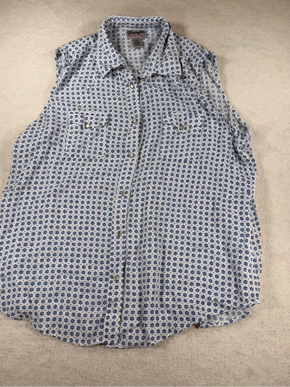 Wrangler Wrancher Pearl Snap Sleeveless Shirt Womens XXL Blue White Retro Flower